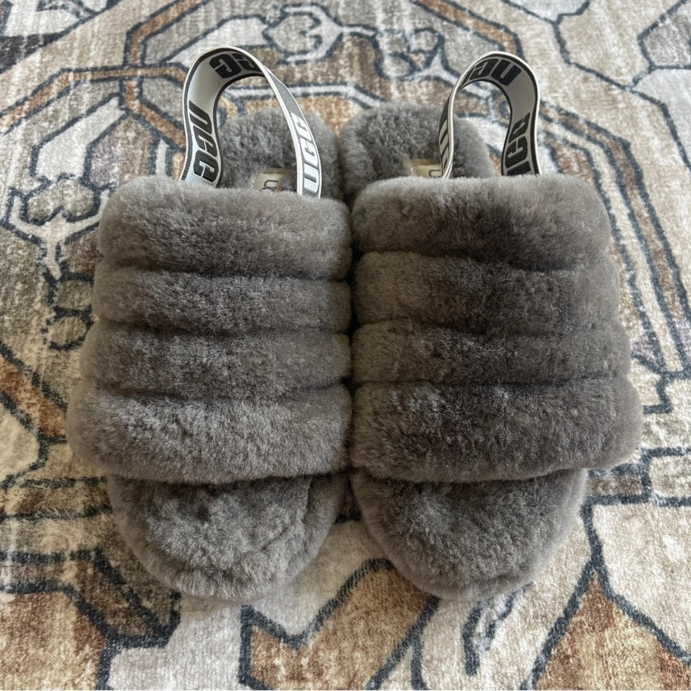 Ugg Fluff Yeah Slide On Gray Slippers Platform Fuzzy